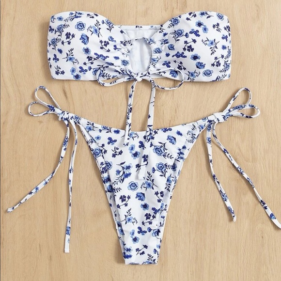 Floral Tie Strapless Bikini - Picture 1 of 2